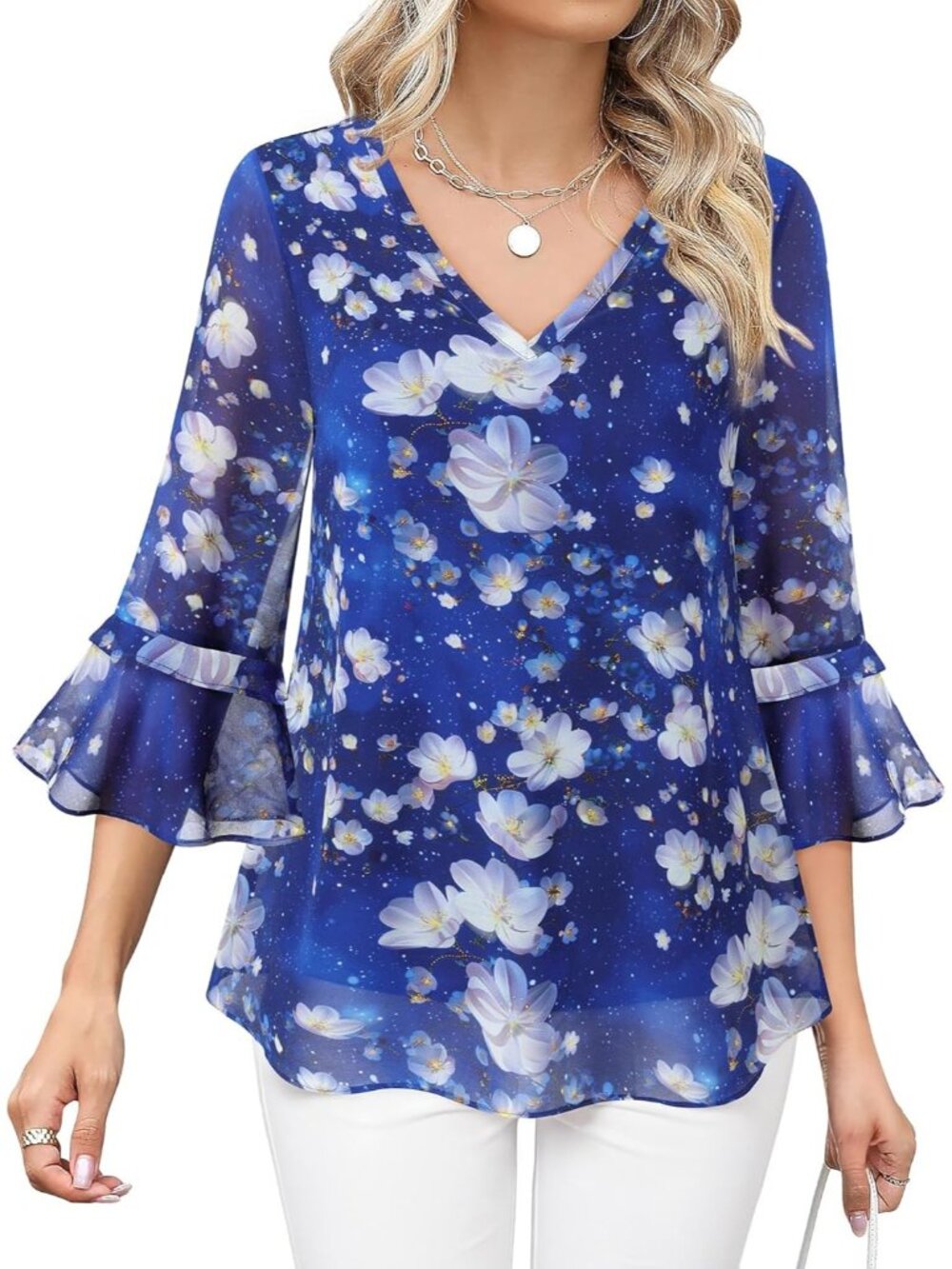 Women's Top Star Blue Casual Ruffle 3/4 Sleeves V Neck Floral Chiffon Blouses
